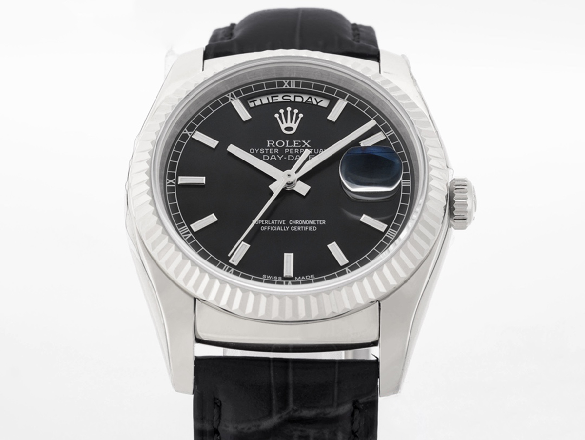 Day-Date 40 Black Dial in White Gold on Leather Strap